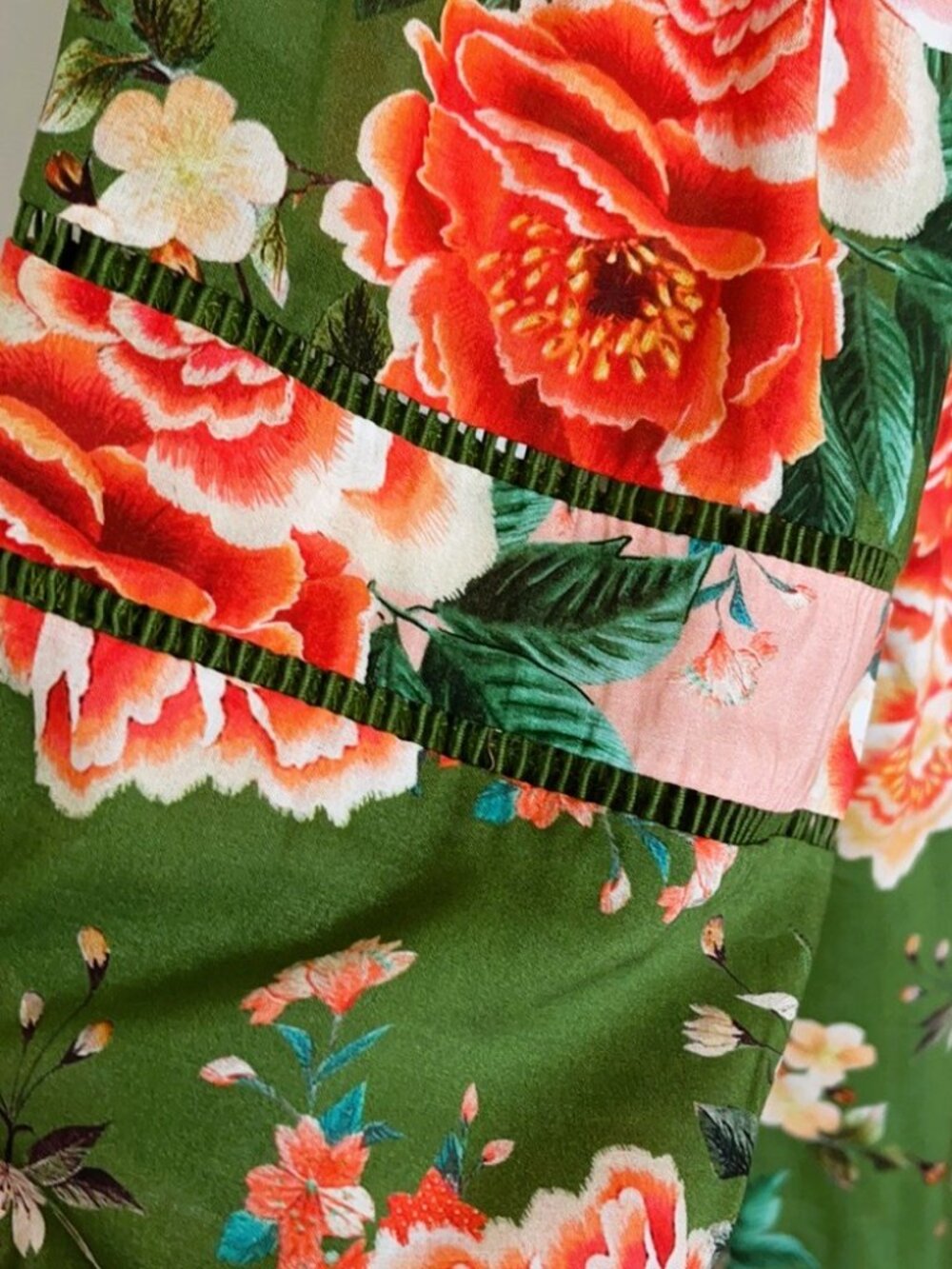 Anthropologie FARM RIO Elinor Floral Green & Peach Ruffle Colorful Tunic Dress - Picture 11 of 12